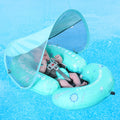 A blue inflatable baby swimming float with a cartoon character design, opened to show the internal cushioning.