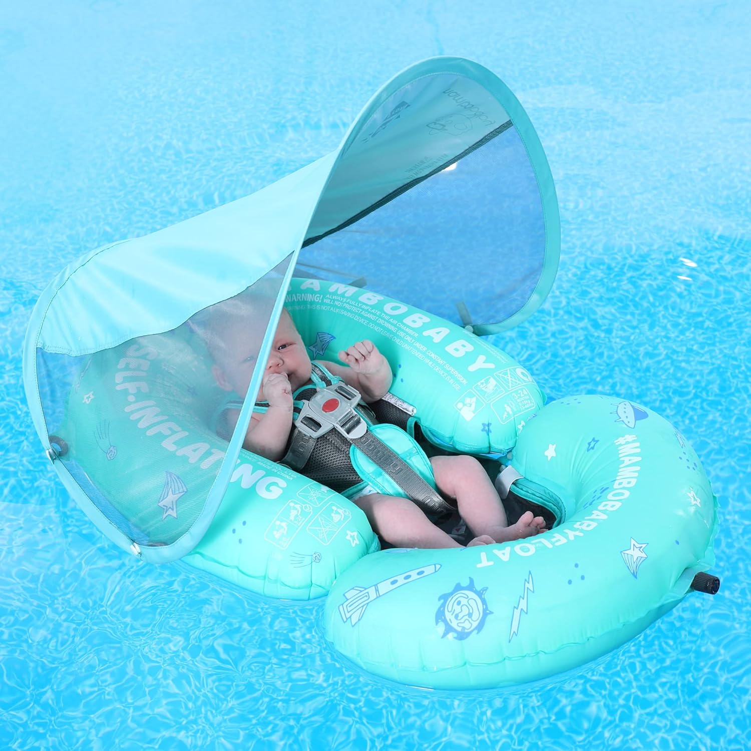 A blue inflatable baby swimming float with a cartoon character design, opened to show the internal cushioning.