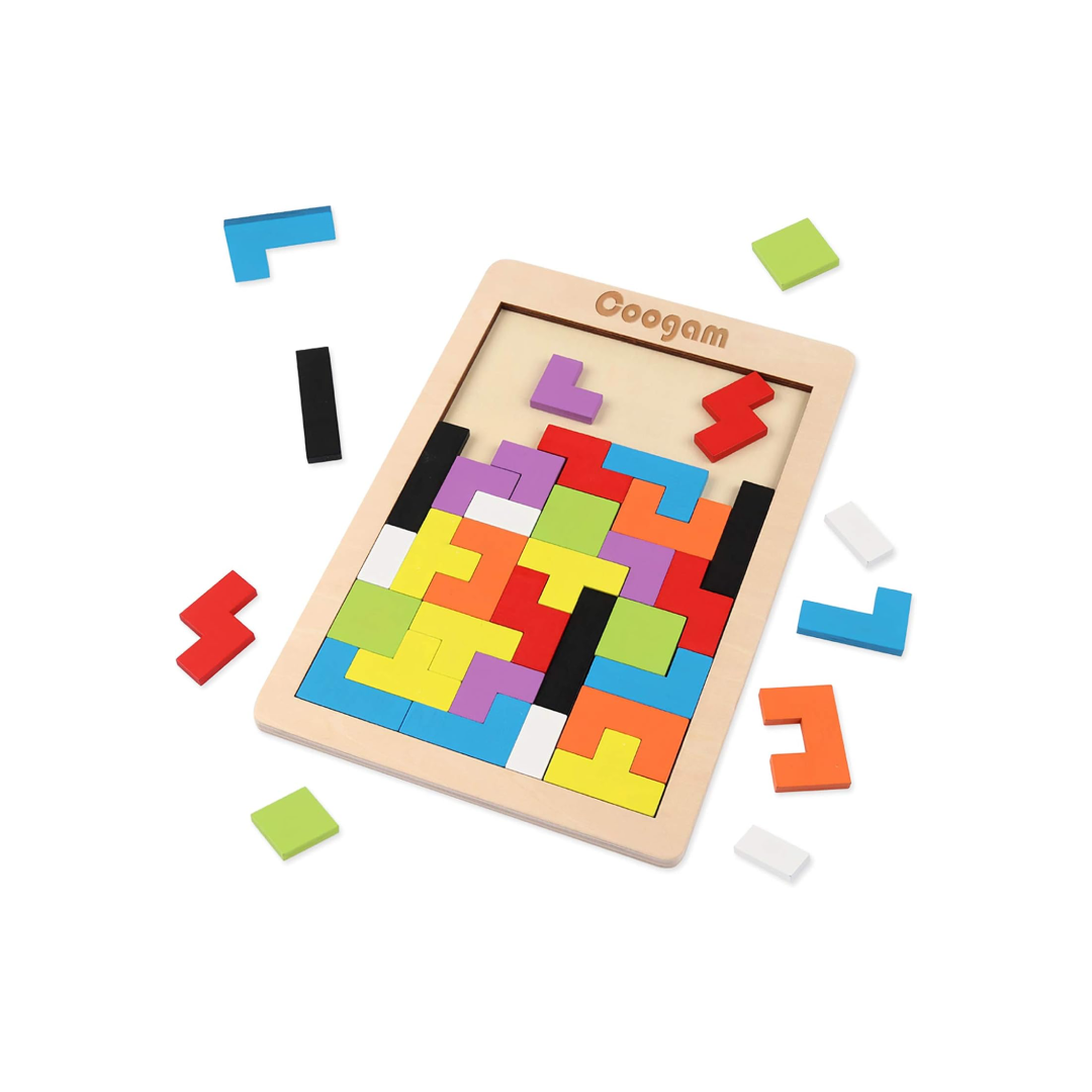 Wooden puzzle with colorful pieces on a white background