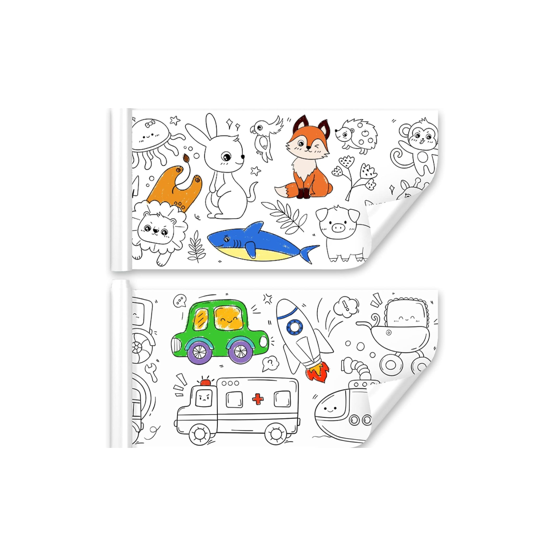 Two coloring sheets with animal and vehicle designs on a white background