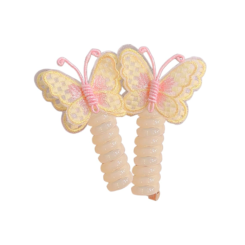 Two pink and yellow butterfly charm hair ties on a white background